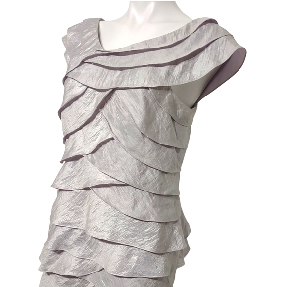 Adrianna Papell Silver Shimmer Ruffle Cocktail Party Dress - Picture 8 of 11